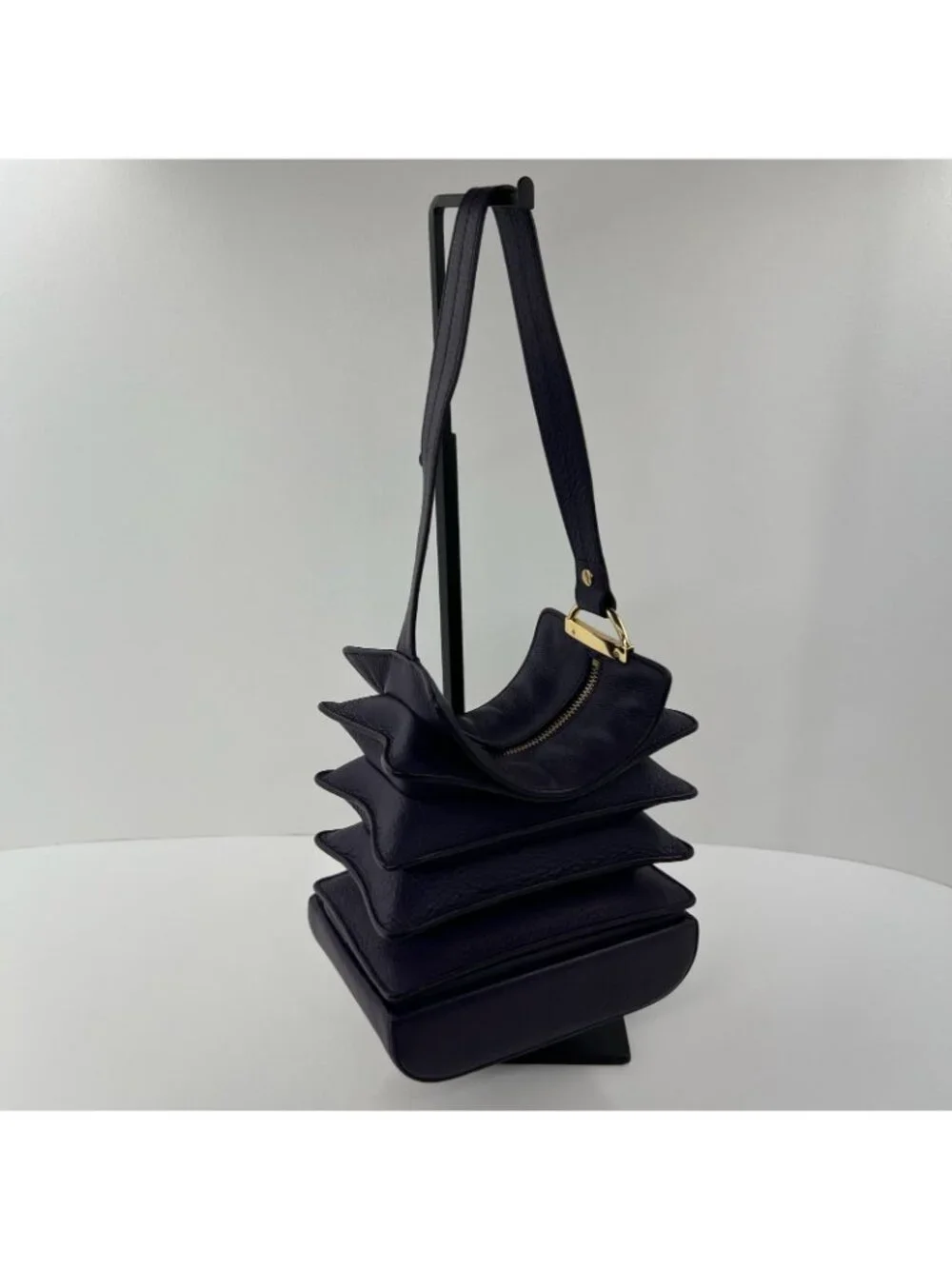 Bodhi Tiered Ruffle Hobo Shoulder Bag Womens Genuine Pebbled Leather Dark Purple